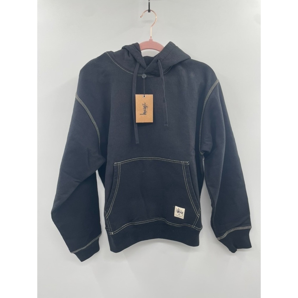 NWT Stussy Contrast Stitch Label Hoodie Men's Small Black Long Sleeve Drawstring